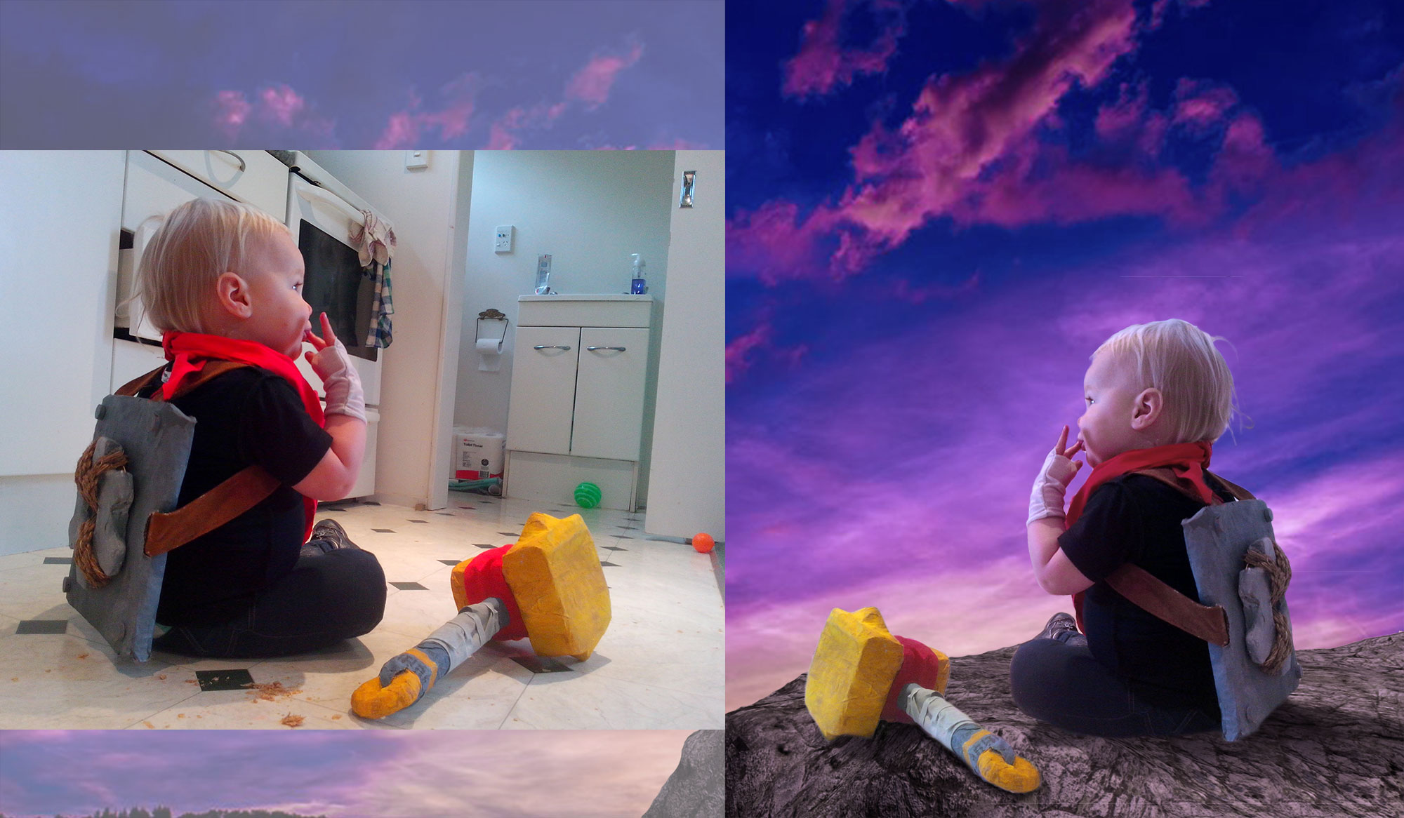 before and after photoshop of baby contemplating the universe, dressed as The Kid from Bastion.