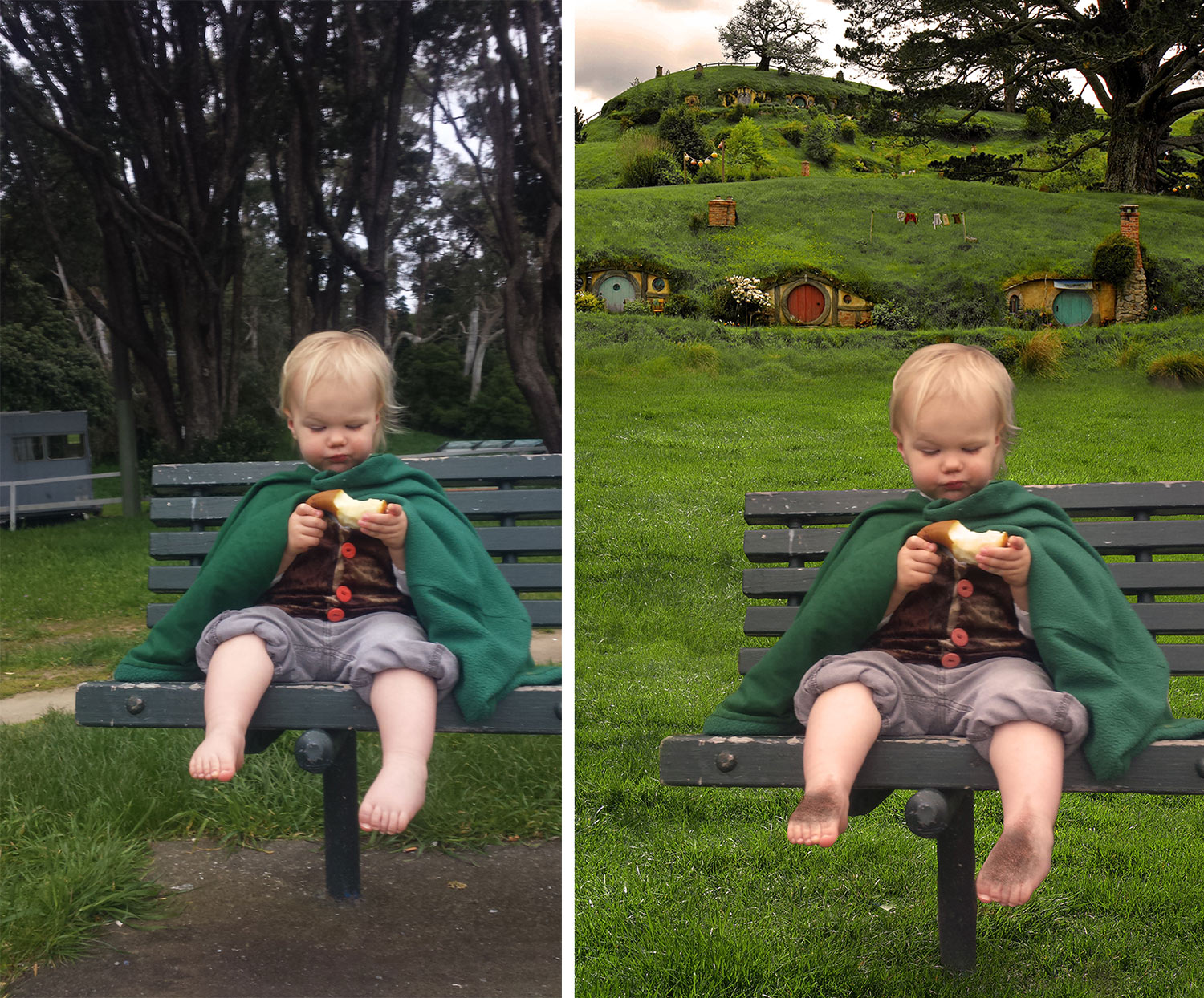 before and after photoshop of a young hobbit eating a snack.