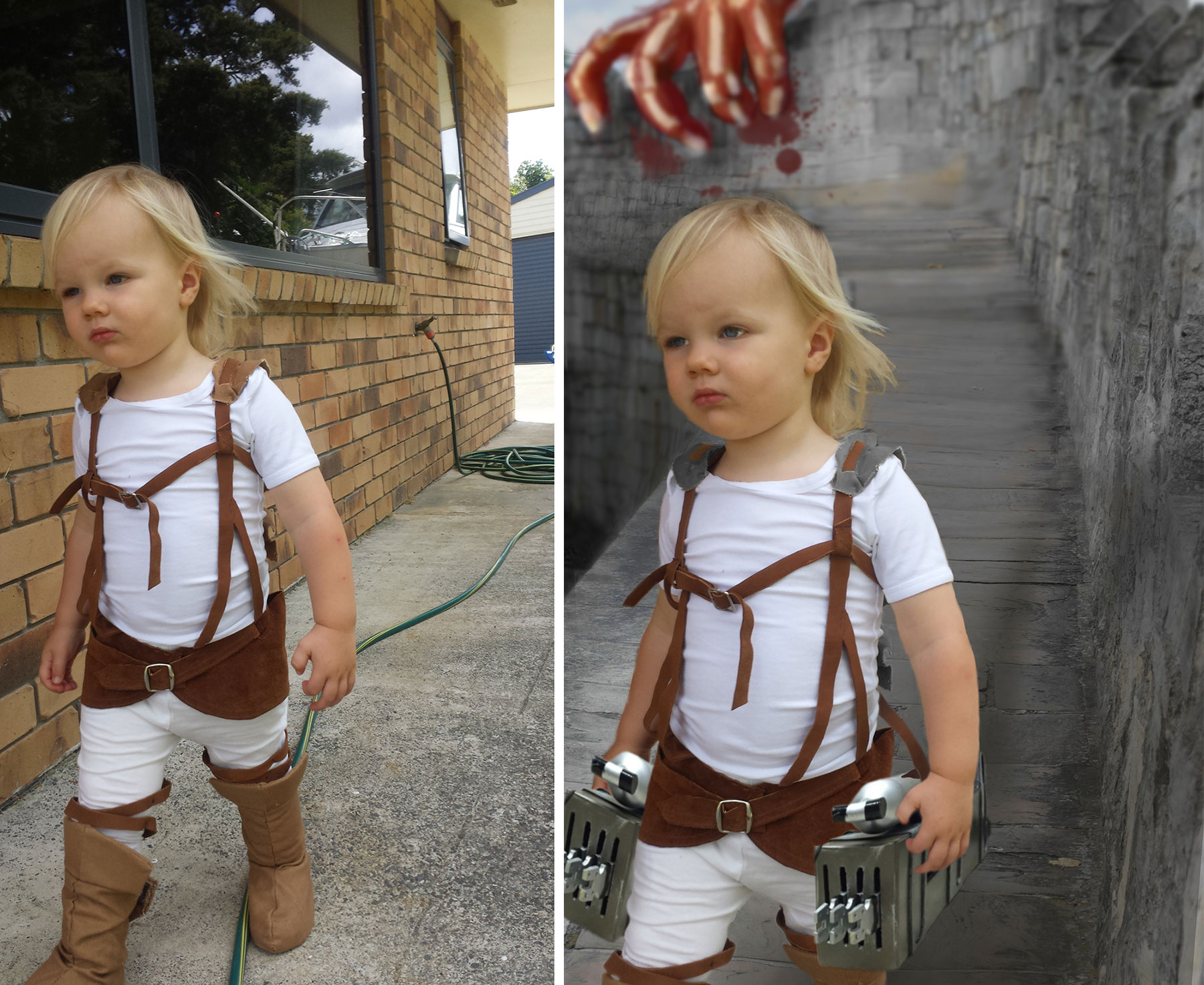 before and after photoshop of a toddler prepared to Attack Titans.