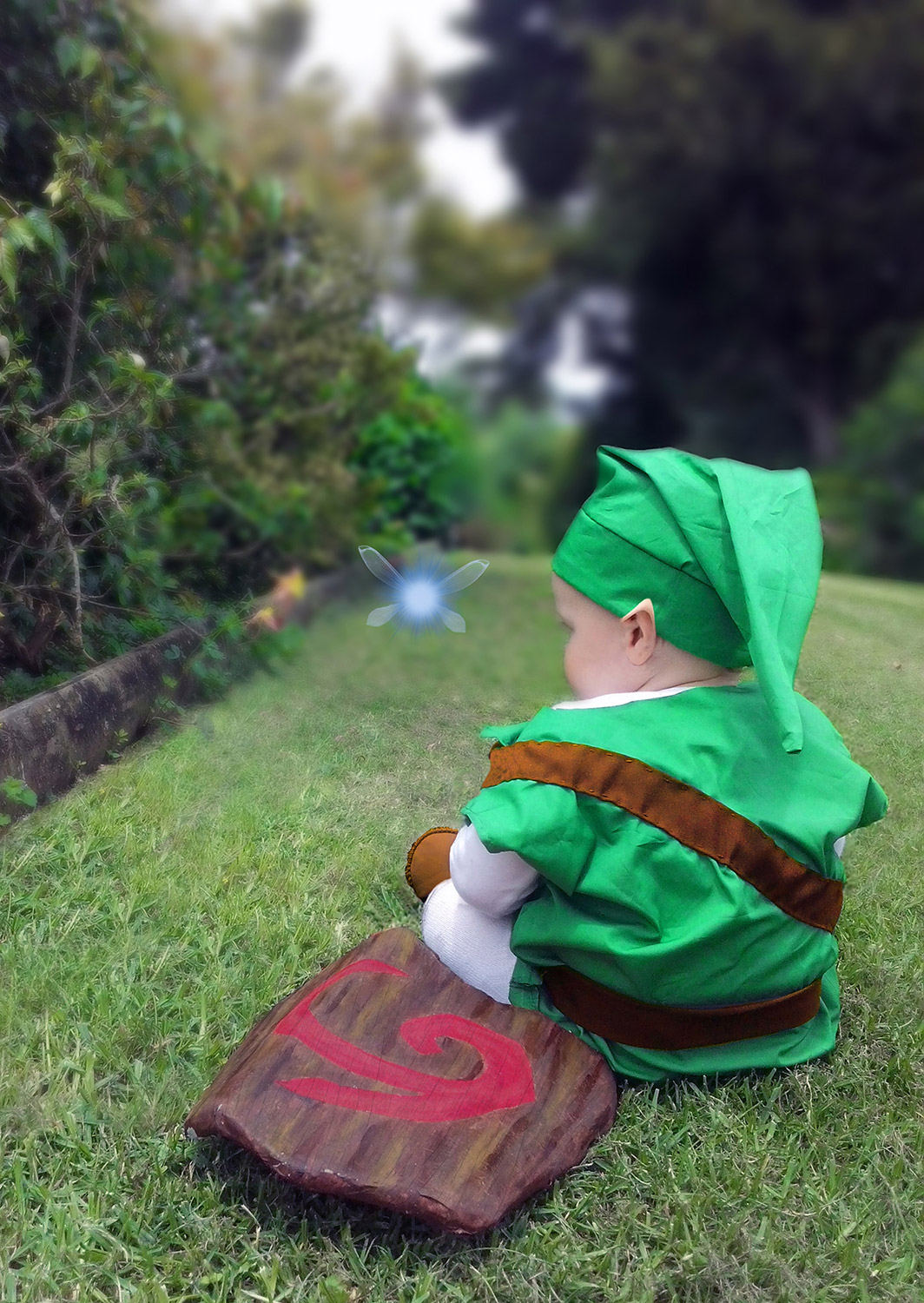 a very young Link (of Zelda fame) relaxing on the grass.