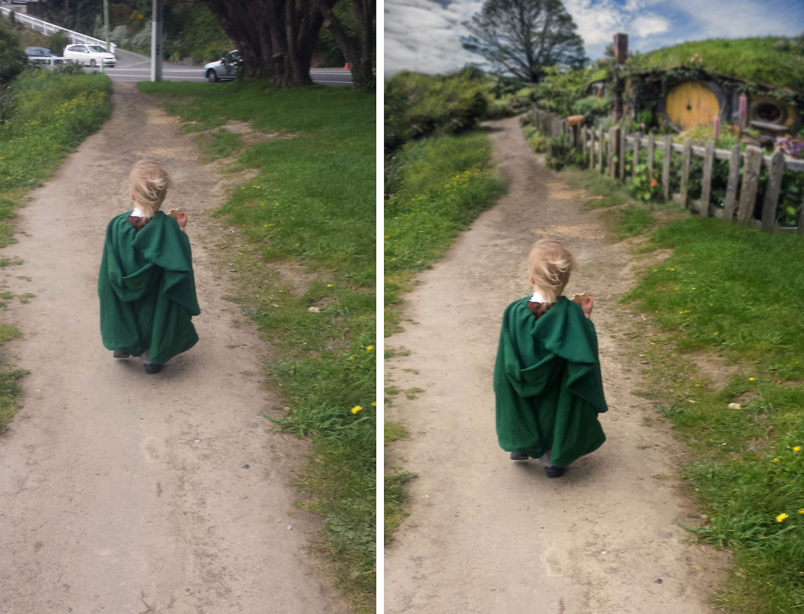 before and after photoshop of a young Hobbit on his way home.