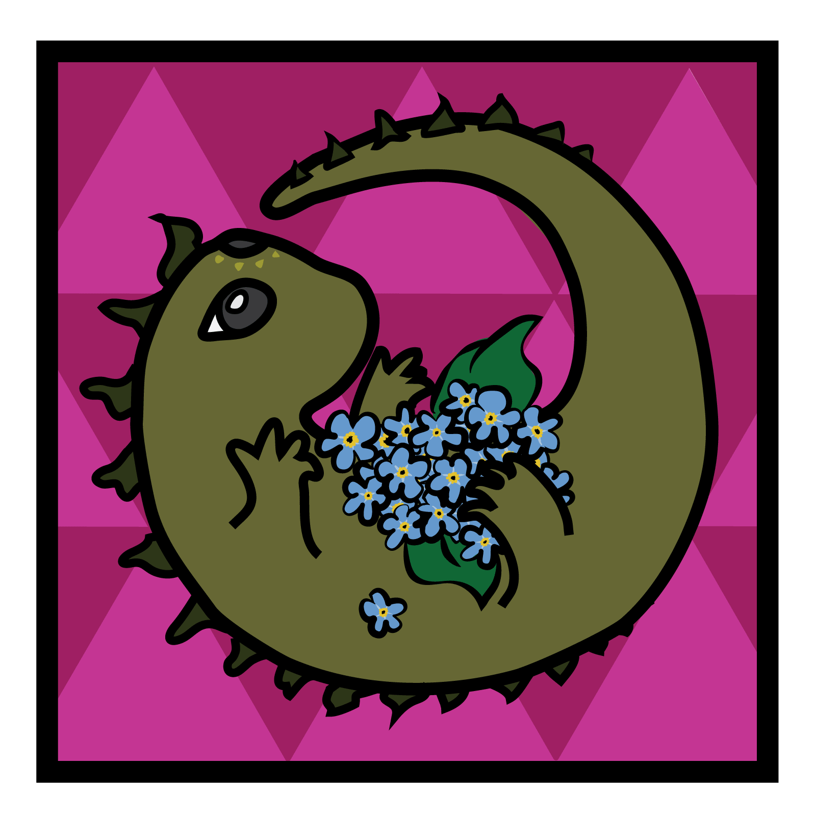 a tuatara holding forget-me-nots