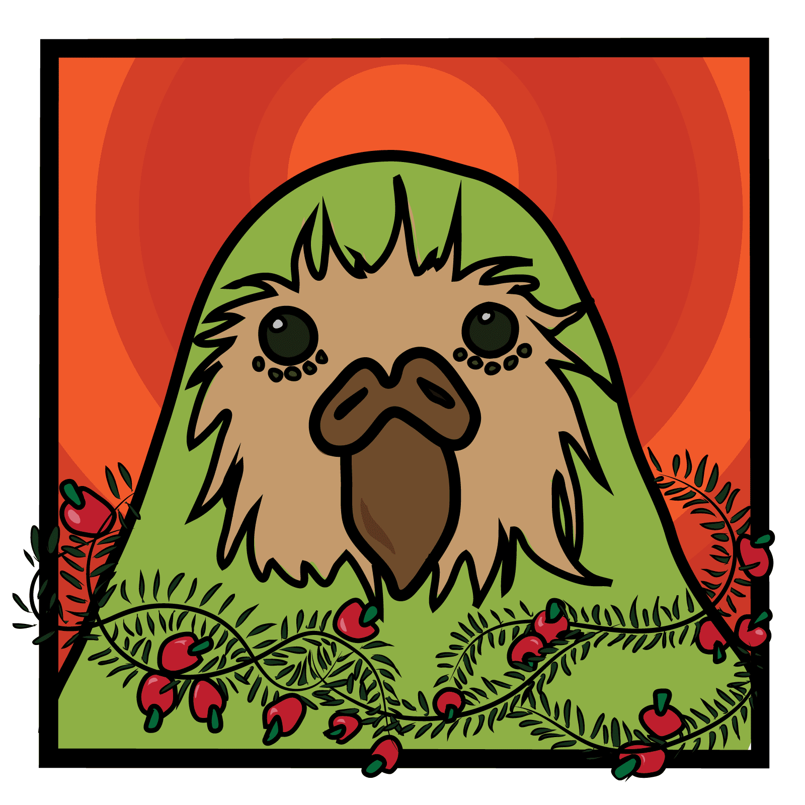 a kakapo with a necklace of totara berries