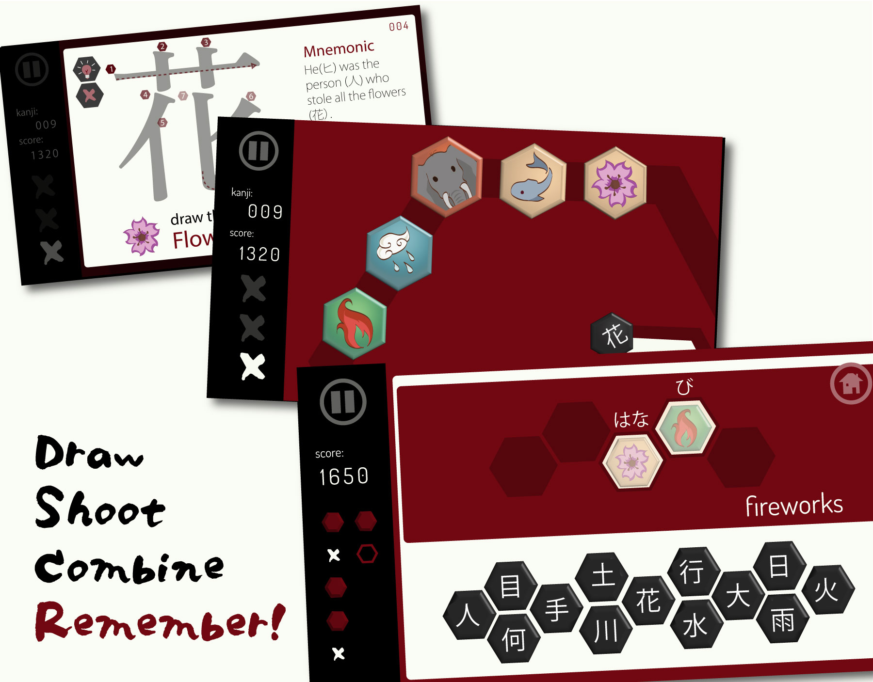 the three steps to remembering used in Hex Kanji: draw, shoot and combine.