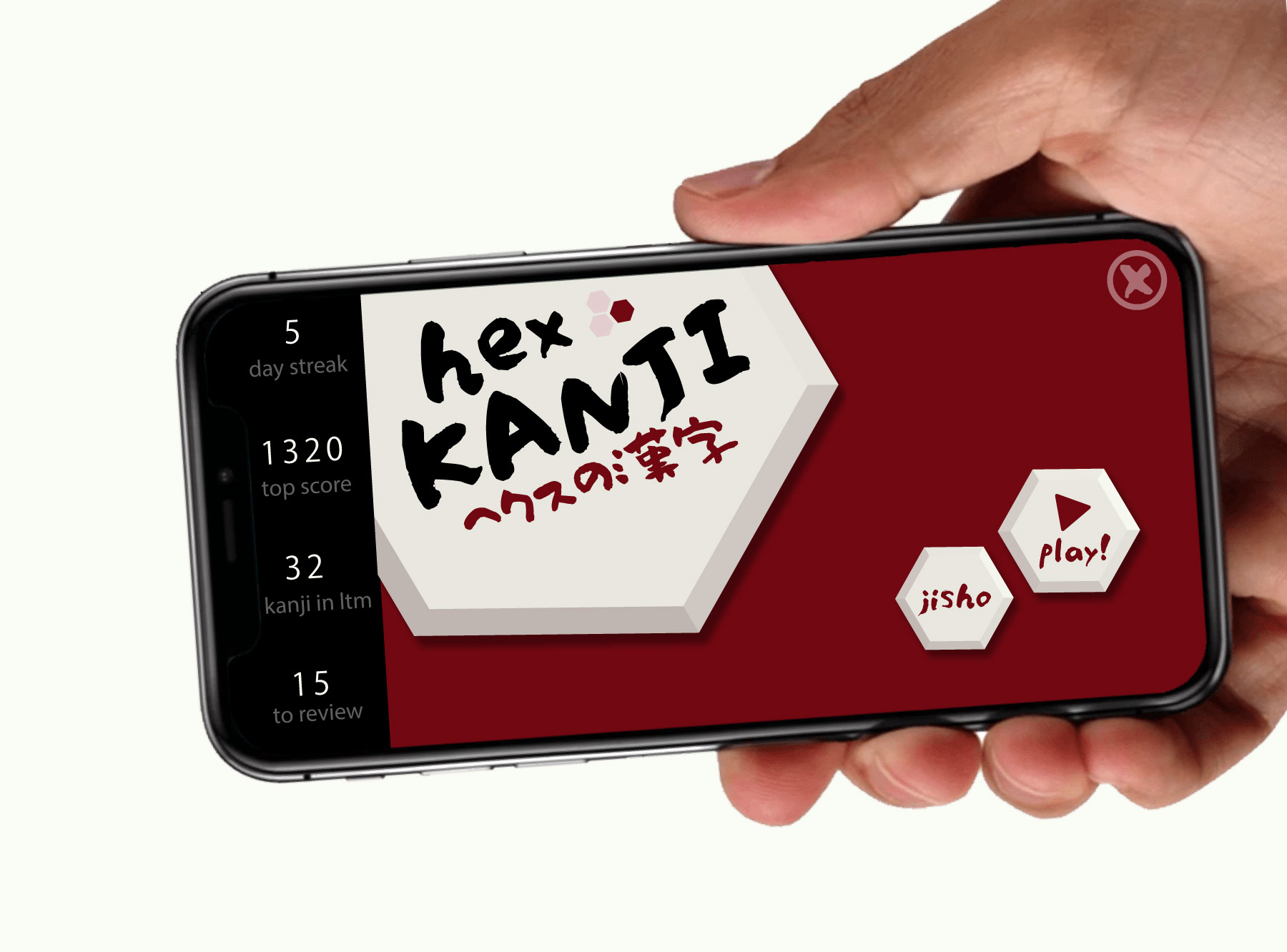 a hand holding a phone with the home screen for the game 'Hex Kanji' displayed on it.