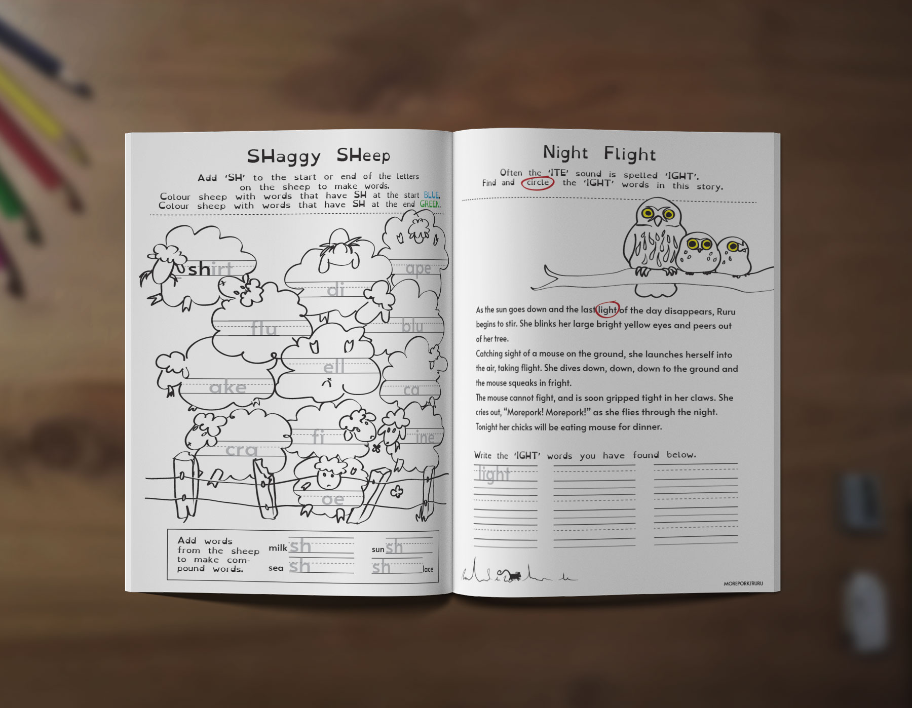 an open workbook on a desk with activities explaining the sh and ight sounds.