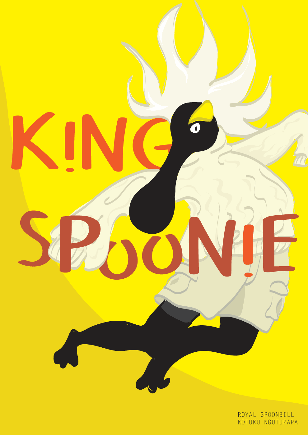 cartoon-ish illustration of a somewhat unhinged Royal Spoonbill, affectionately dubbed King Spoonie