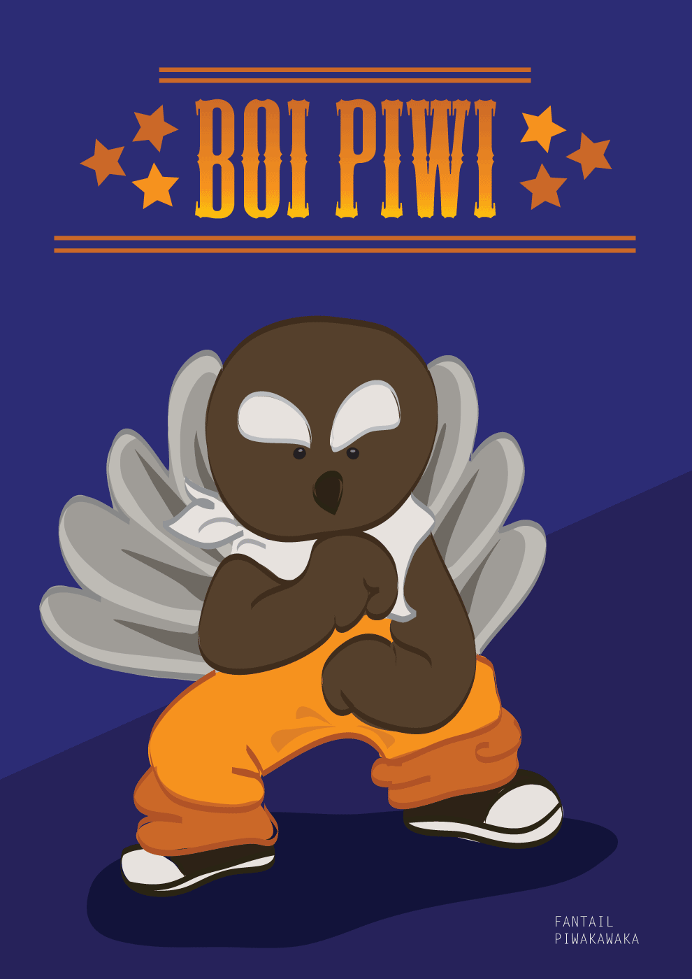 cartoon-ish illustration of a spunky Fantail, or Piwakawaka, affectionately dubbed Boi Piwi