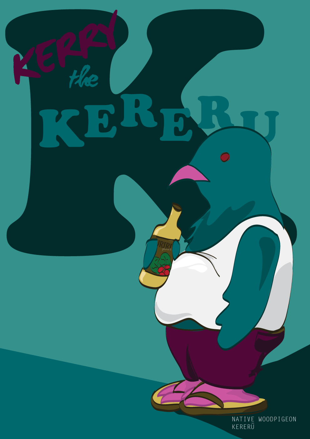 cartoon-ish illustration of a deadbeat Kereru, affectionately dubbed Kerry