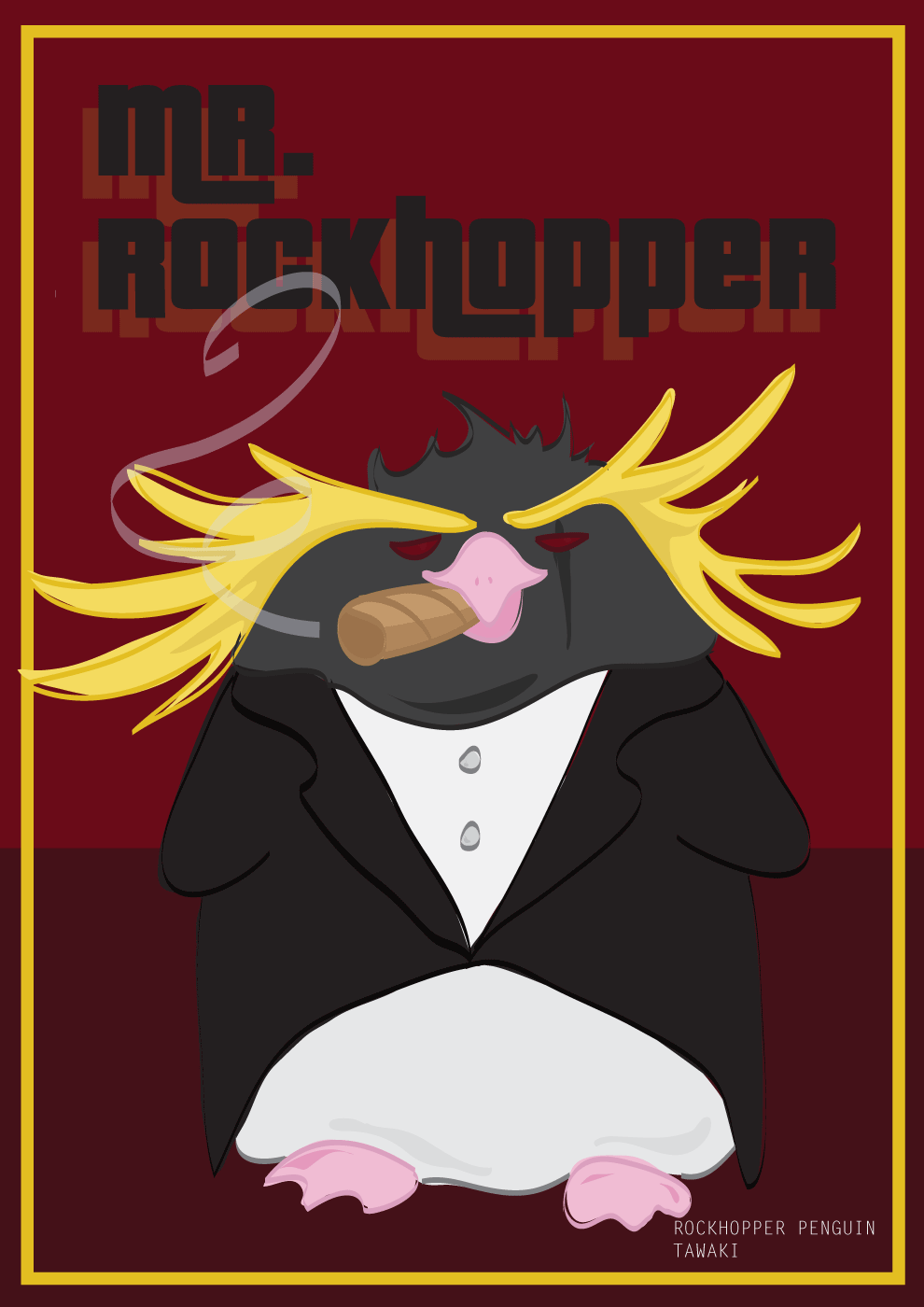 cartoon-ish illustration of a dapper Rockhopper Penguin, affectionately dubbed Mr. Rockhopper.