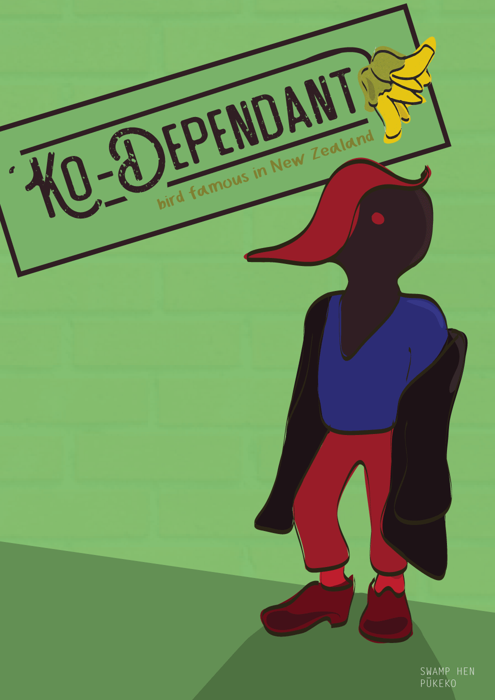 cartoon-ish illustration of an art student Pukeko, affectionately dubbed Ko-dependant