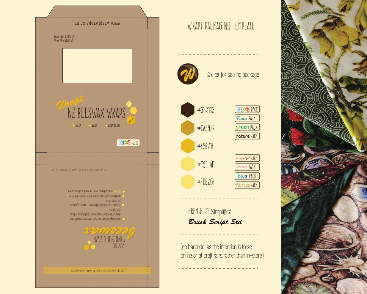 colour and font chart, plus front and back of the Wrapt label.